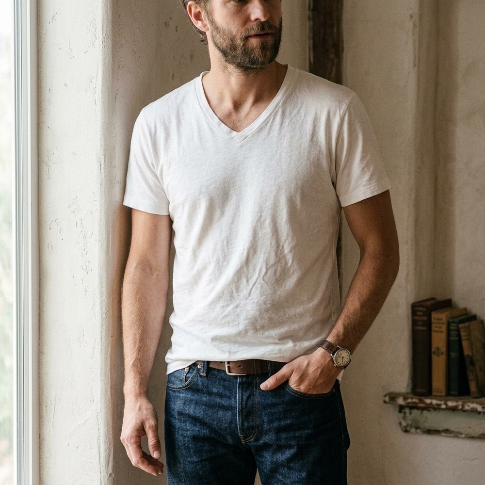 Buck Mason Mens Small Slub Curved Hem V-Neck Top White Basic Minimalist